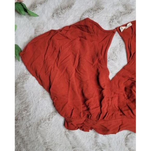 Sky And Sparrow Clay Red Short Sleeve Crop Top V Neck Tie Back Size XL - Picture 3 of 8